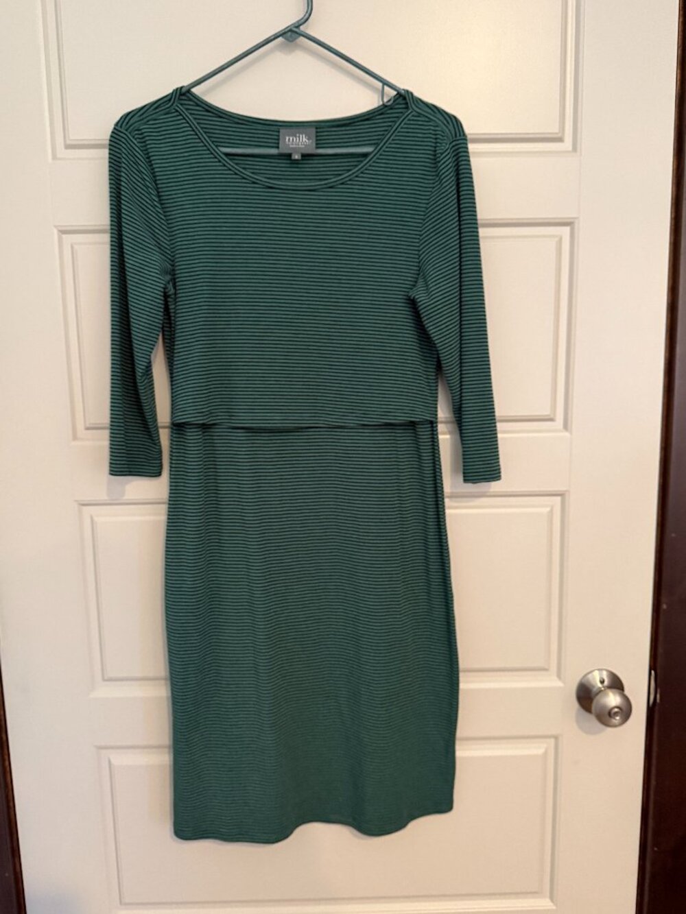 Milk Nursingwear Green Striped 3/4 Sleeve Maternity Nursing Dress S